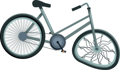 Fototapeta premium Grey bicycle leaning on white background showing broken front wheel with bent spokes