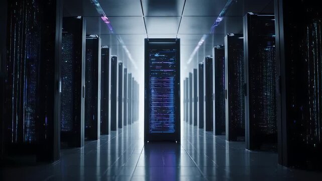A server room corridor with racks, glowing displays, and reflective floor