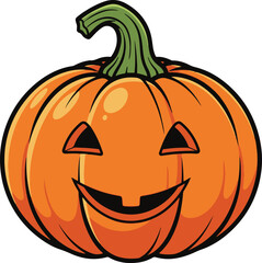 A classic, friendly orange Halloween jack-o-lantern with a smiling carved face and a green stem.