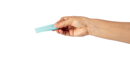 Paper stickers in hand. Hand holding a green sticker. Notes for the message on transparent background.