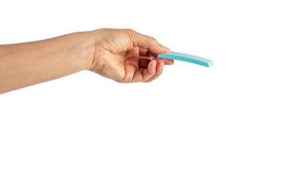 Paper stickers in hand. Hand holding a green sticker. Notes for the message on transparent background.