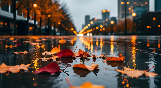 Vibrant autumn leaves on a wet city street at dusk with warm bokeh lights and reflections - Powered by Adobe
