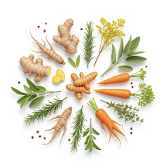 Fresh Vegetables And Herbs On White Background Top Down Still Life
