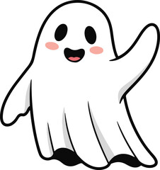 A cute, happy cartoon ghost with rosy cheeks, smiling and waving.