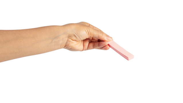 Paper stickers in hand. Hand holding a green sticker. Notes for the message on transparent background.