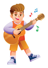Obraz premium Little boy playing acoustic guitar. Happy kid musician practicing folk music. Vector cartoon character illustration