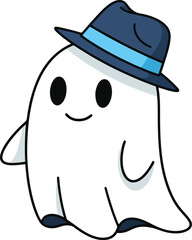 A cute, friendly cartoon ghost wearing a stylish blue fedora hat, with a subtle smile.