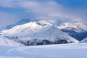 Winter landscape of the Caucasus Mountains in Gudauri, Georgia.