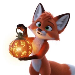 Fototapeta premium Cartoon Fox Holding Illuminated Pumpkin Lantern Isolated on White Background