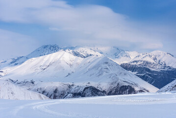 Winter landscape of the Caucasus Mountains in Gudauri, Georgia.