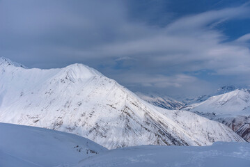 Winter landscape of the Caucasus Mountains in Gudauri, Georgia.
