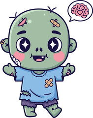 A cute, bandaged, cartoon zombie with rosy cheeks and sparkling eyes, wearing a torn blue shirt and purple shorts, thinking about a brain with a heart inside.