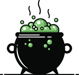 A black witch's cauldron bubbling with green potion, emitting steam and small green bubbles, in a flat design style.