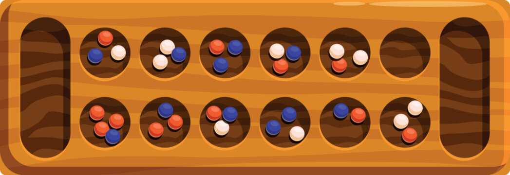 Mancala board game with colorful stones arranged in its pits, representing a mid game scenario