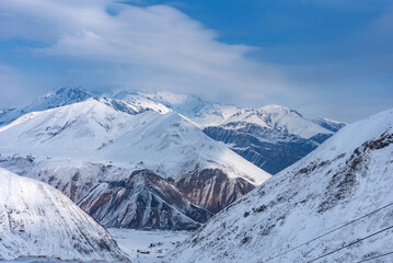 Winter landscape of the Caucasus Mountains in Gudauri, Georgia.