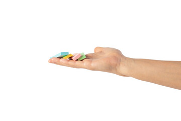 Paper stickers in hand. Hand holding a green sticker. Notes for the message on transparent background.