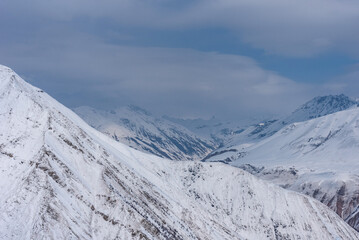 Winter landscape of the Caucasus Mountains in Gudauri, Georgia.