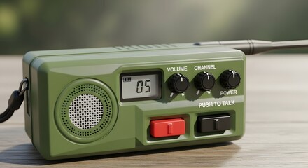 Olive drab portable two way radio transceiver on a wooden surface.