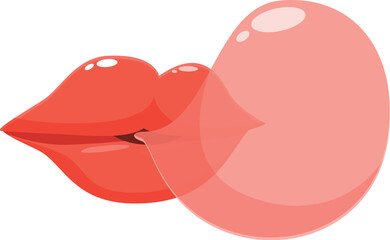 Red lips blowing pink bubble gum, chewing gum bubble, white background