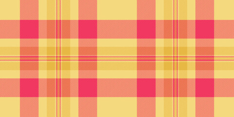 Rural textile check plaid, tribal texture vector seamless. Bedroom background pattern tartan fabric in yellow and red colors.