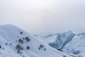 Winter landscape of the Caucasus Mountains in Gudauri, Georgia.