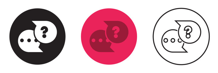 Survey chat bubble icons with question mark symbols. Set of three vector chat bubble icons featuring question marks, representing communication, inquiry, help, or online support concepts.

