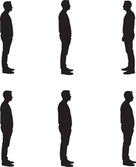 Six silhouettes of men standing in profile against a white background