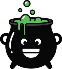 A cute, cartoon black cauldron with a happy face, bubbling over with green potion and overflow.