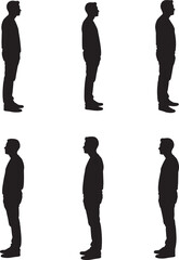 Six silhouettes of men standing in profile against a white background