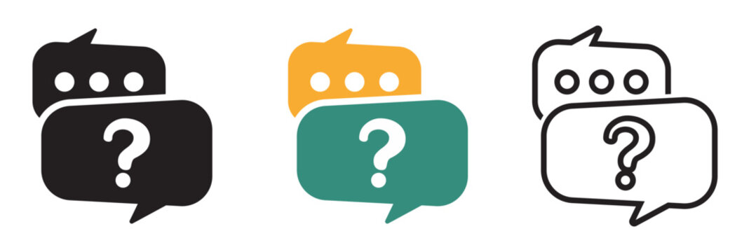 Survey chat bubble icons with question mark symbols. Set of three vector chat bubble icons featuring question marks, representing communication, inquiry, help, or online support concepts.

