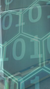 Industrial machinery with hexagonal digital pattern and binary code overlay animation