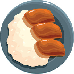 Three roasted pieces of chicken served with white rice on a round gray plate, offering a simple yet satisfying meal