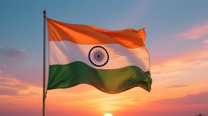 India's flag waving against a vibrant sunset