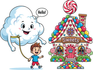 Cartoon cloud walking with happy child near candy house, whimsical fantasy scene with sweets and smiles, playful concept art, flat vector