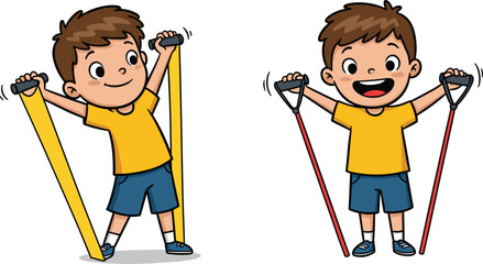 Cartoon child exercising with resistance bands, fitness activity for kids, healthy lifestyle illustration, strength training pose, cheerful workout, flat vector