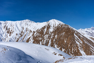 Winter landscape of the Caucasus Mountains in Gudauri, Georgia.