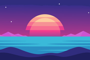 Vibrant sunset over calm ocean with distant mountains and stars