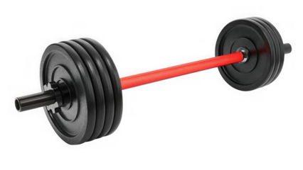 Weightlifting barbell with black plates isolated on transparent background