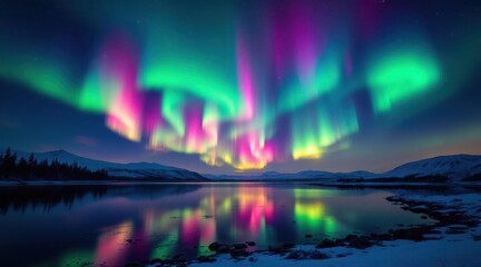 Vibrant aurora borealis dances above a reflective arctic lake