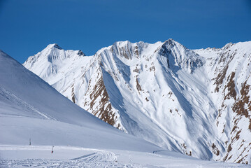 Winter landscape of the Caucasus Mountains in Gudauri, Georgia.