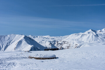 Winter landscape of the Caucasus Mountains in Gudauri, Georgia.