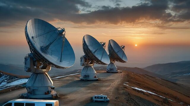Skyward Sentinels: Three satellite dishes stand poised on a mountain peak, bathed in the soft glow of a sunrise, representing innovation and discovery.