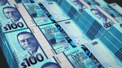 Belize money Belizean dollars pack loop 3d animation. Loopable seamless concept of finance, cash, economy, business and bank. Camera moving over BZD 100 banknote bundle stacks.