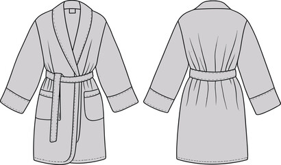 Bathrobe technical fashion illustration, front and back views, shawl collar, patch pockets, belted waist, cad drawing flat vector illustration