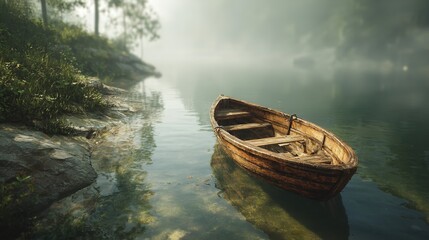 A lone wooden boat drifts serenely on a misty lake evoking peace and reflection in the quiet solitude of nature s