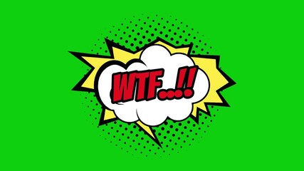 WTF Words..!! in Red Text on Cartoon Comic Bubbles with Bursting Pattern on Green Background, Seamless Looping Animation - Powered by Adobe
