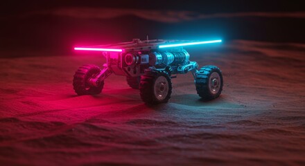 Fototapeta premium Futuristic Robotic Cart Exploring a Mars-like Landscape with Neon Lights