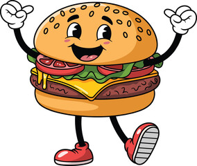 Cartoon hamburger character illustration, anthropomorphic food mascot, happy face, gloves and sneakers, fun design, cad drawing flat vector illustration