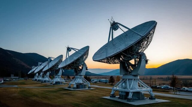 Cosmic Whispers: Array of giant satellite dishes reaching for the stars, capturing the hushed voices of the cosmos against a twilight sky.