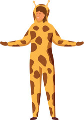 Woman wearing a giraffe kigurumi costume standing with open arms, having fun